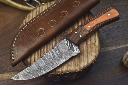 9" Handmade Damascus Skinner Knife with Twist Blade, Hardwood Handle, and Wooden Bolster