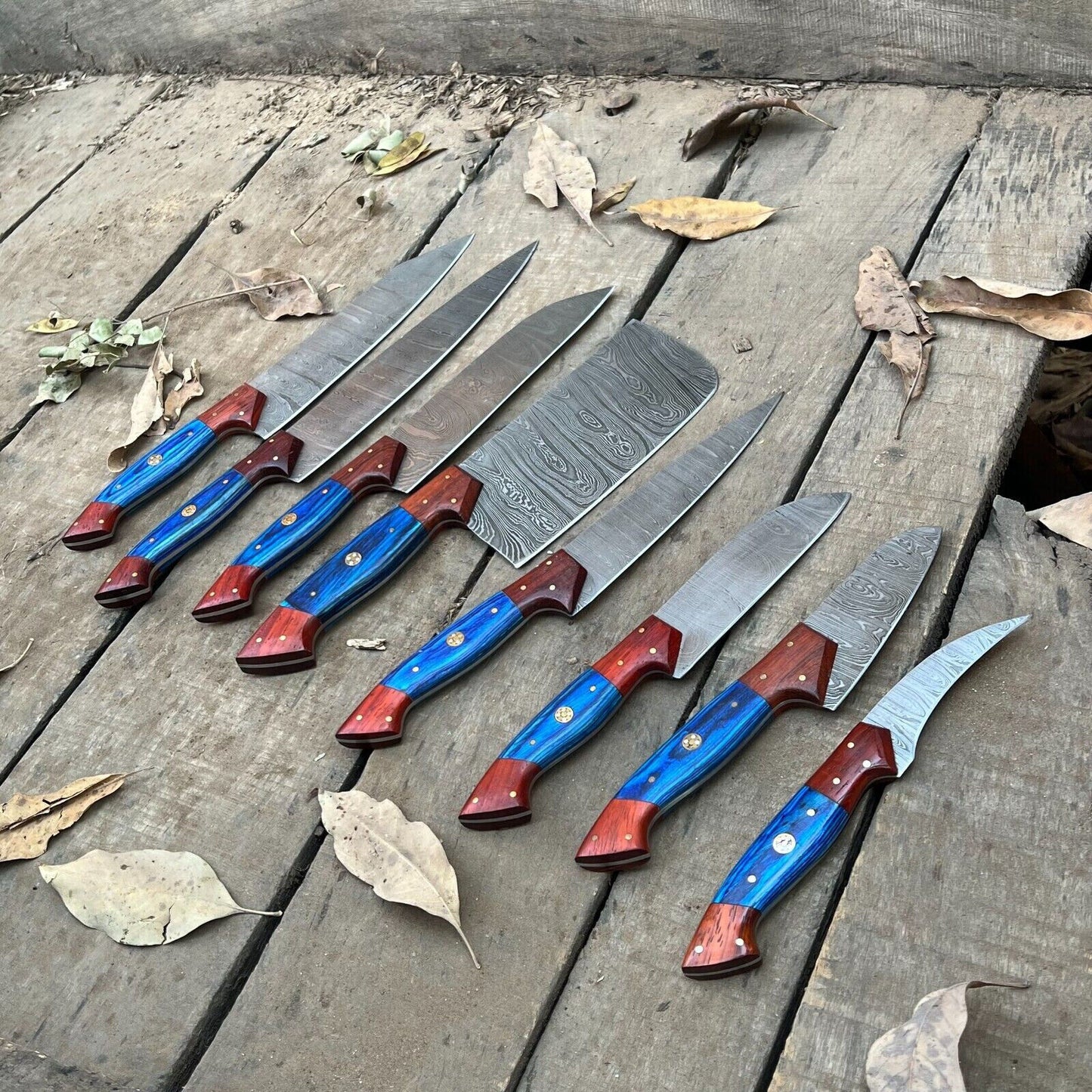 Professional 8-Piece Damascus Steel Kitchen Knife Set with Leather Carry Bag