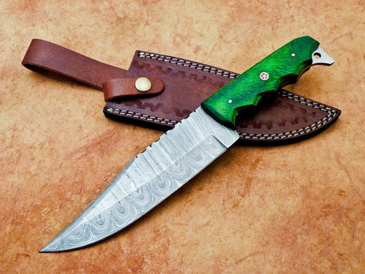 12 Inch Handmade Damascus Hunting Bowie Knife with Hardwood Handle
