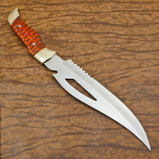 Hunter D2 Bowie Knife | 12-Inch Blade with Pakka Wood Handle & Leather Sheath