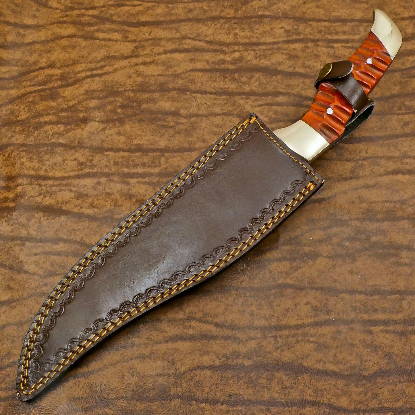 Hunter D2 Bowie Knife | 12-Inch Blade with Pakka Wood Handle & Leather Sheath
