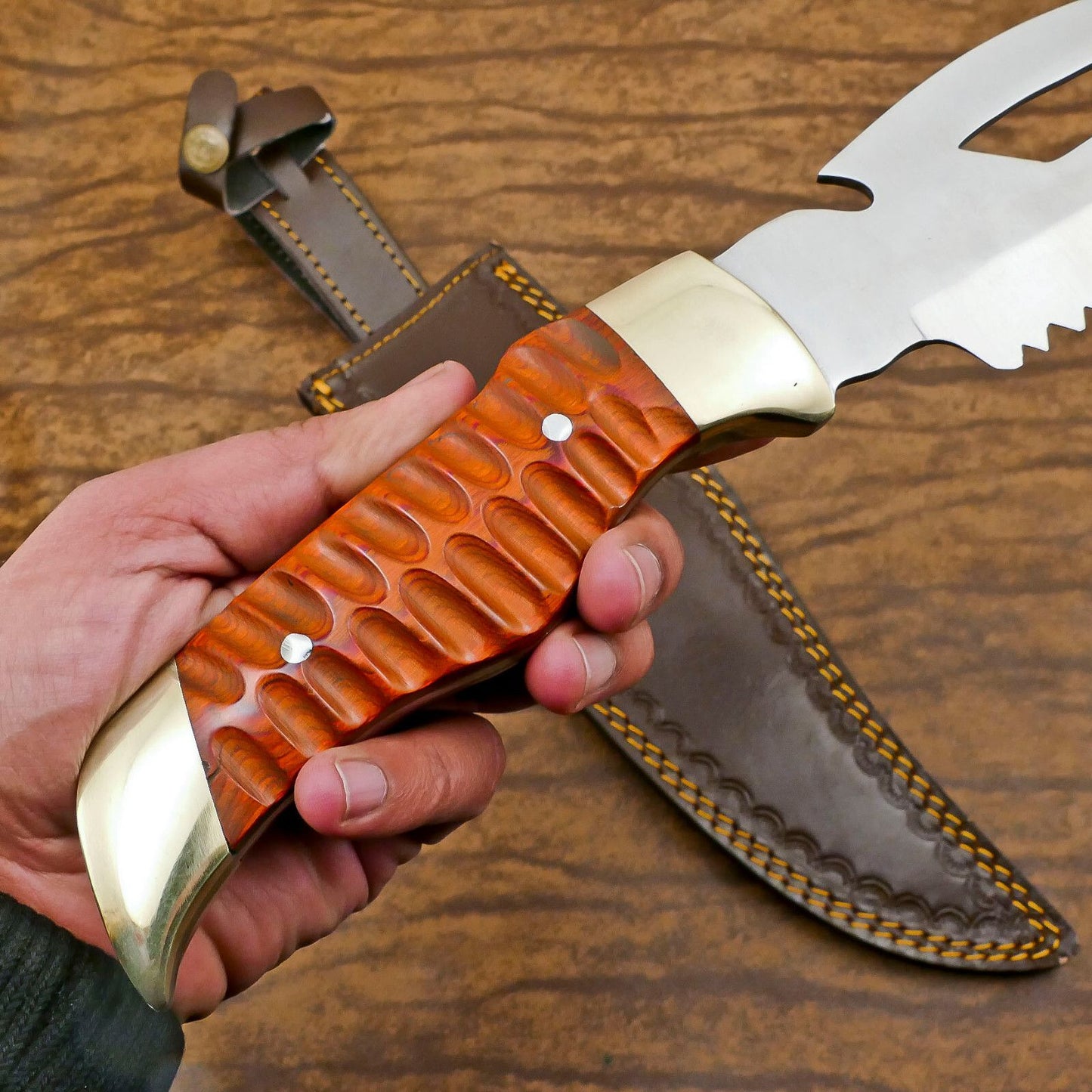 Hunter D2 Bowie Knife | 12-Inch Blade with Pakka Wood Handle & Leather Sheath