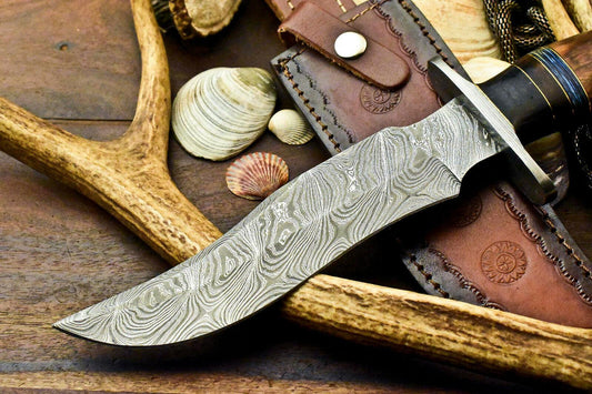 12.5" Damascus Bowie Knife | Walnut Wood Elegance