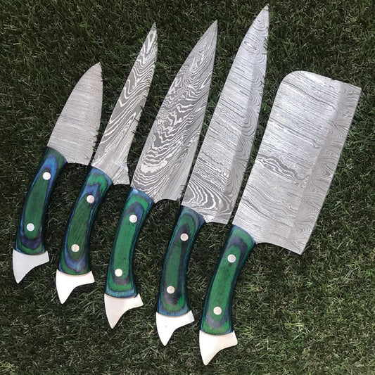 9" to 13" Custom Hand Forged Twist Damascus Steel Chef Knife Set with Pakka Wood Handle