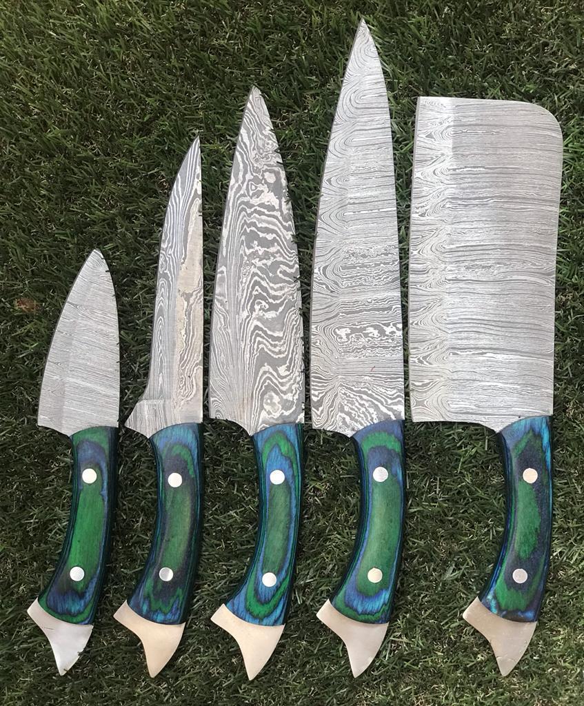 9" to 13" Custom Hand Forged Twist Damascus Steel Chef Knife Set with Pakka Wood Handle
