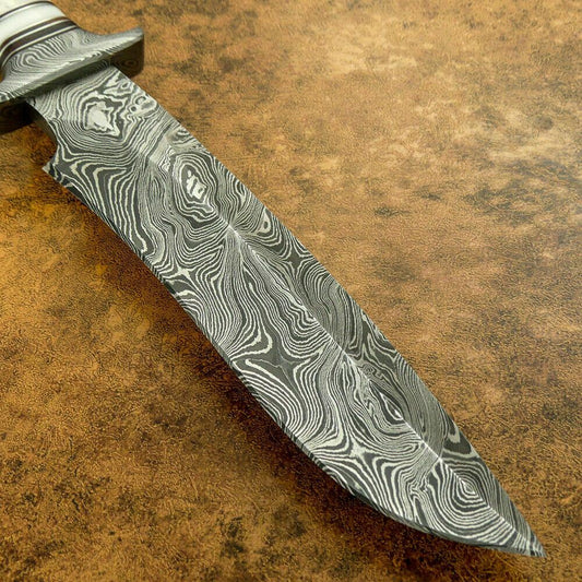 Custom Damascus Bowie Hunting Knife – Stag Antler Handle with Damascus Guard