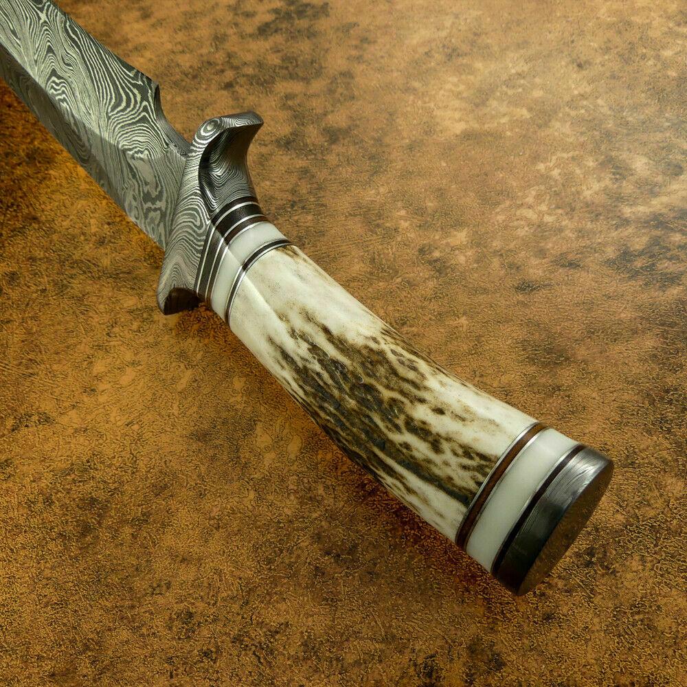 Custom Damascus Bowie Hunting Knife – Stag Antler Handle with Damascus Guard