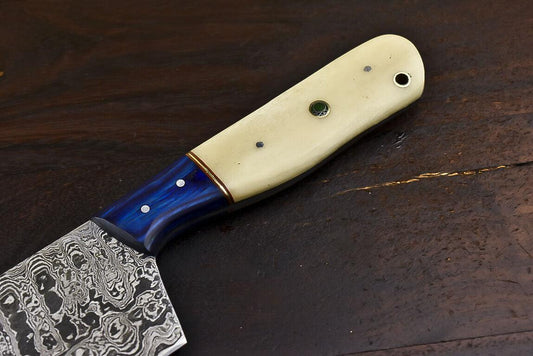 Fixed Blade Damascus Steel Clever Chopper Chef Knife with Camel Bone Handle & Wooden Bolster