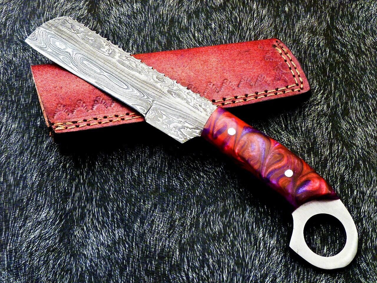 10" Damascus Steel Bowie Knife | Cowboy Bull Cutter EDC | Resin Handle