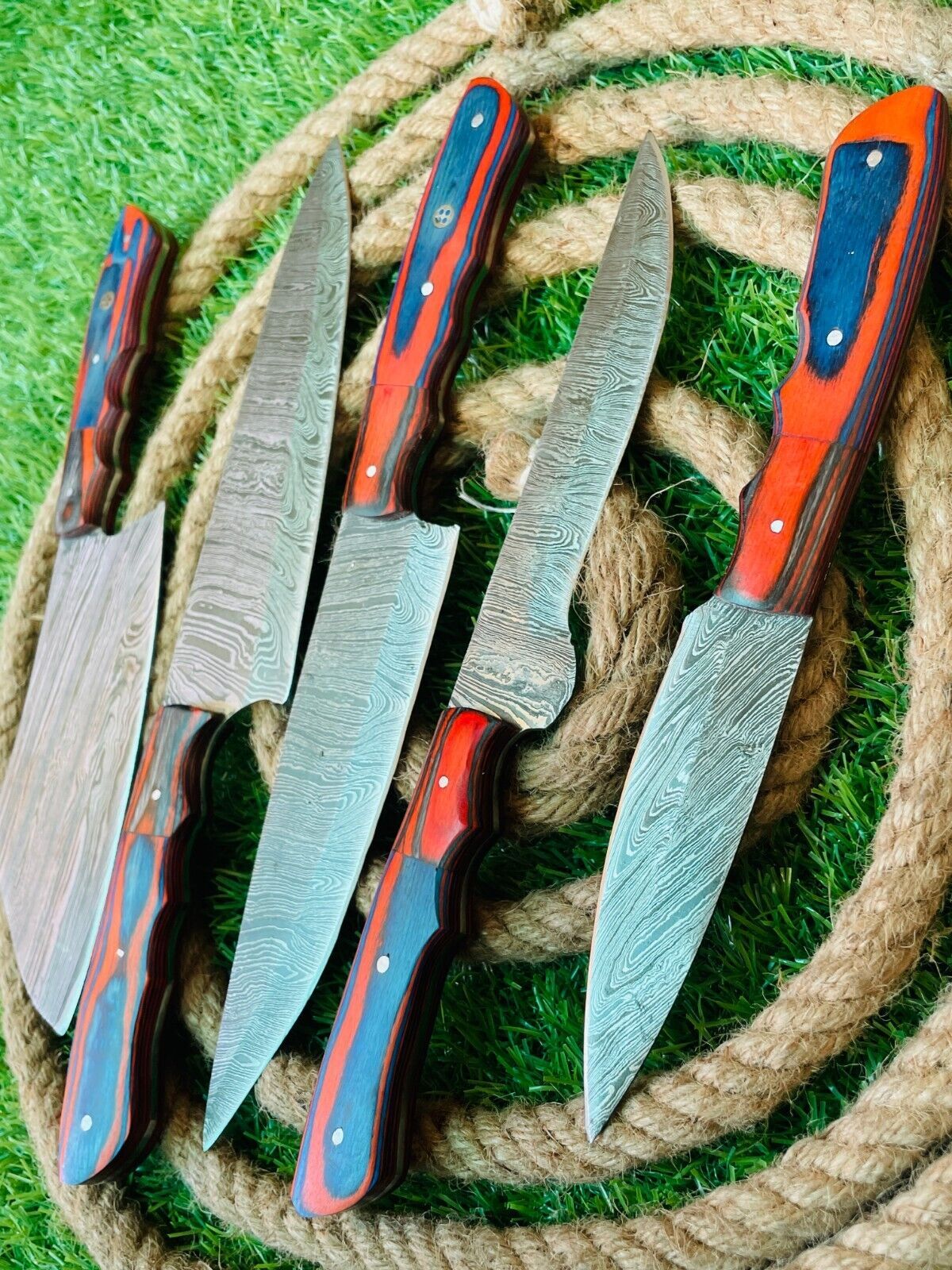 Premium Handmade Damascus Steel 5-Piece Chef Knife Set with Wooden Handles