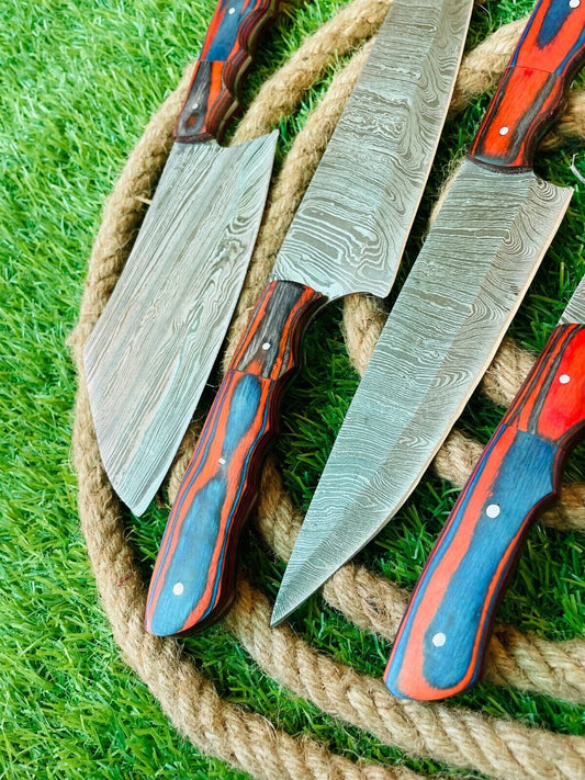 Premium Handmade Damascus Steel 5-Piece Chef Knife Set with Wooden Handles