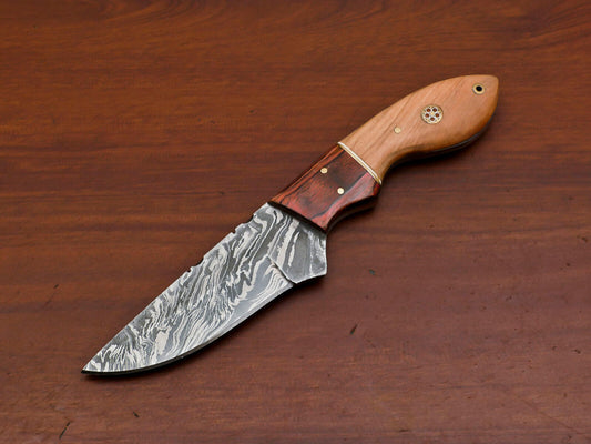 8" Custom Handmade Damascus Fixed Blade Bowie Knife – Olive & Pakka Wood