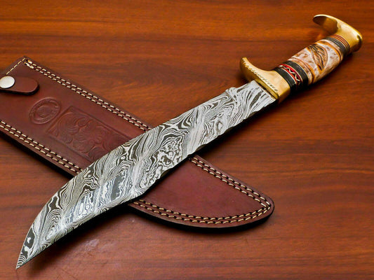 Handmade Damascus Steel Engraved Bowie Hunting Knife | Burn Camel Bone & Pakka Wood Handle