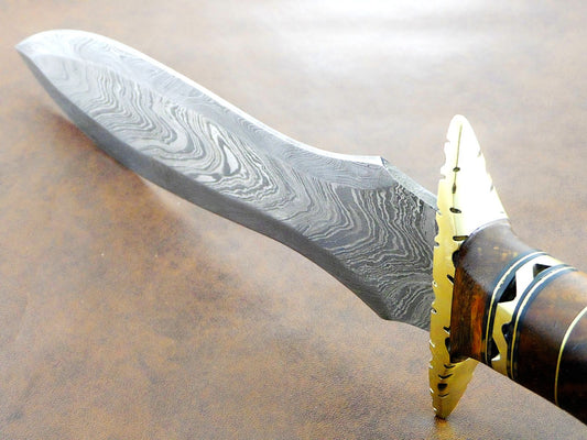 Handmade Damascus 12.75 Inch Double Edge Dagger Bowie Knife Leather Sheath