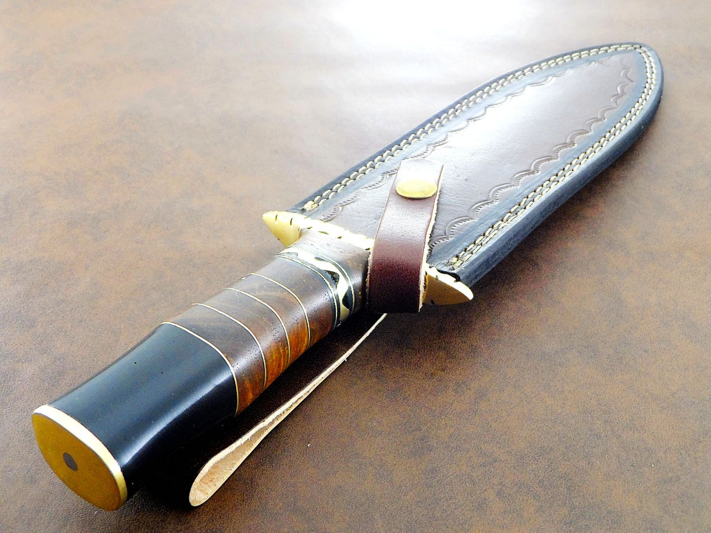 12.75" Premium Damascus Bowie Knife Damascus Steel Knife With Leather Sheath
