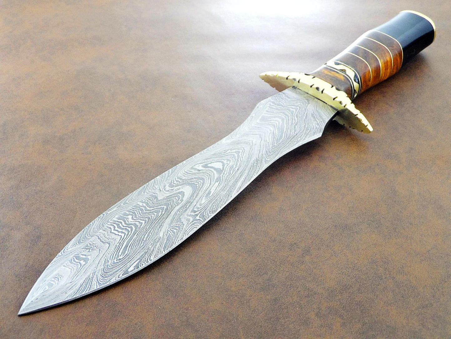 Handmade Damascus 12.75 Inch Double Edge Dagger Bowie Knife Leather Sheath
