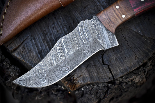 8" Twist Damascus Skinner Knife with Hardwood Handle and Wooden Bolster for Hunting and Sports