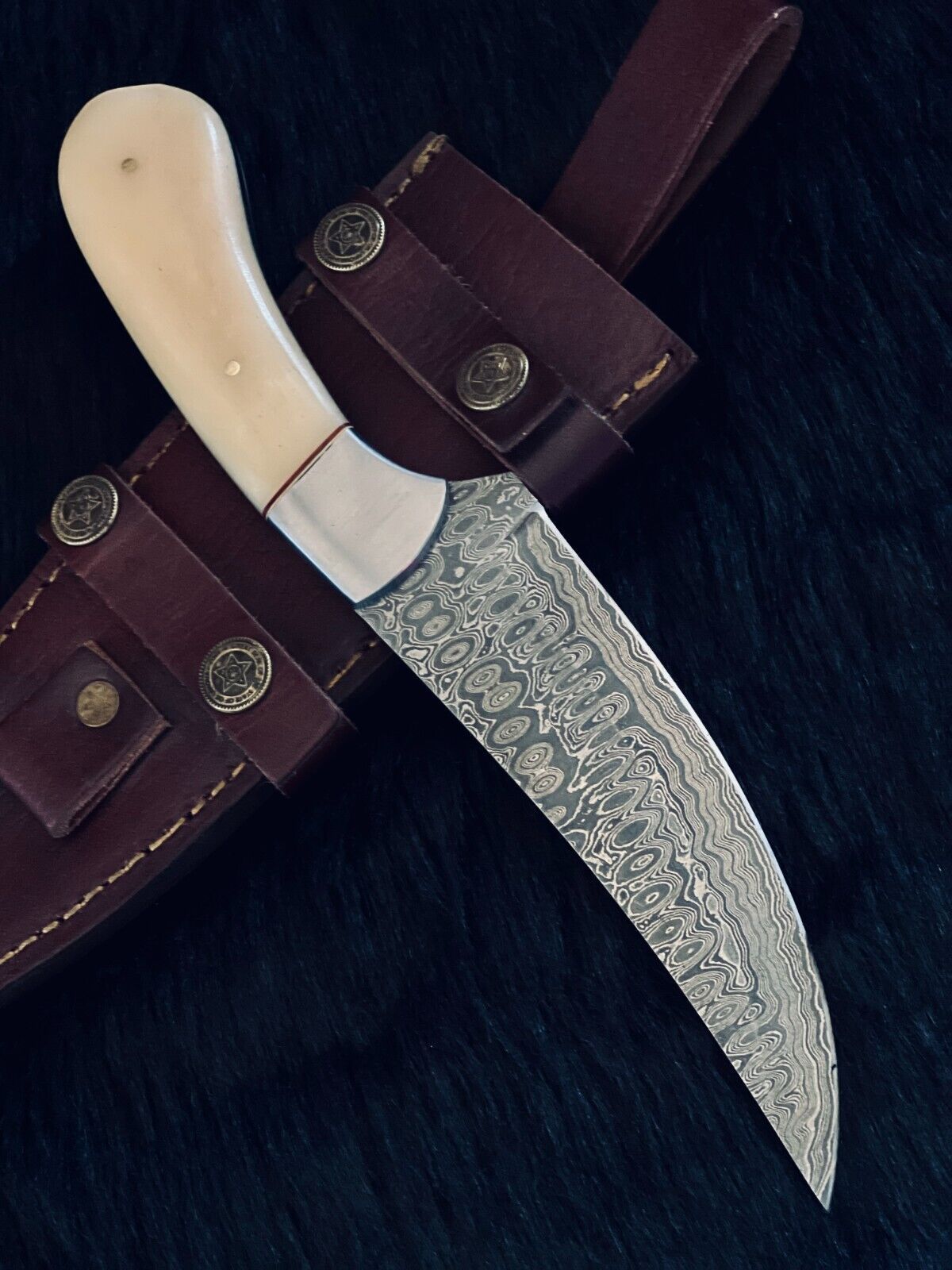 Heritage Forge 10 Inch RainDrop Damascus Skinner Knife with Camel Bone and Wood Handle