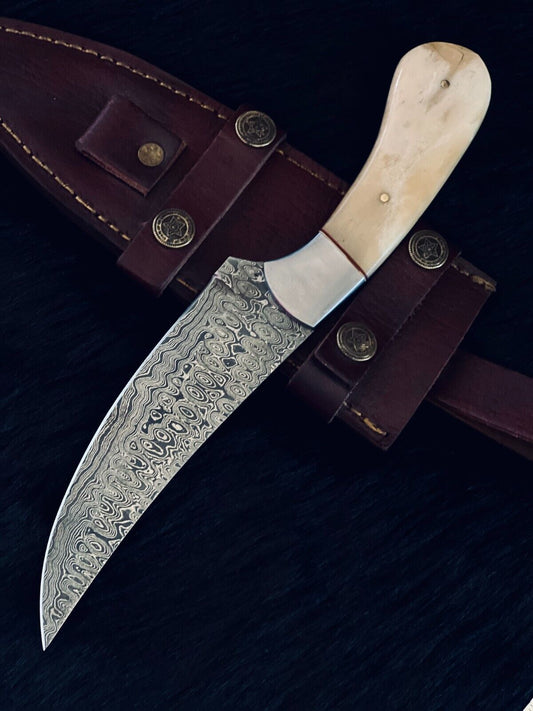 Heritage Forge 10 Inch RainDrop Damascus Skinner Knife with Camel Bone and Wood Handle