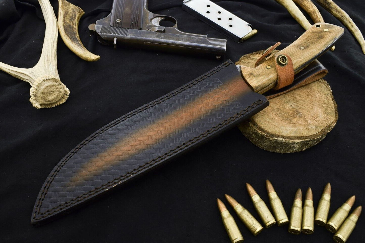 15" Damascus Steel Bowie Knife with Rosewood Handle Hunting Blade