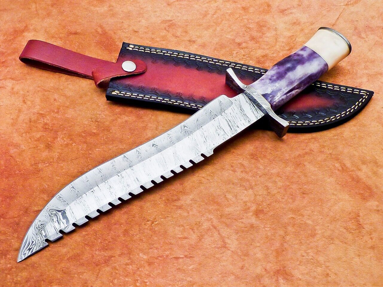 16 Inch Handmade Damascus Steel Bowie Hunting Knife with Camel Bone Handle and Resin by Heritage Forge