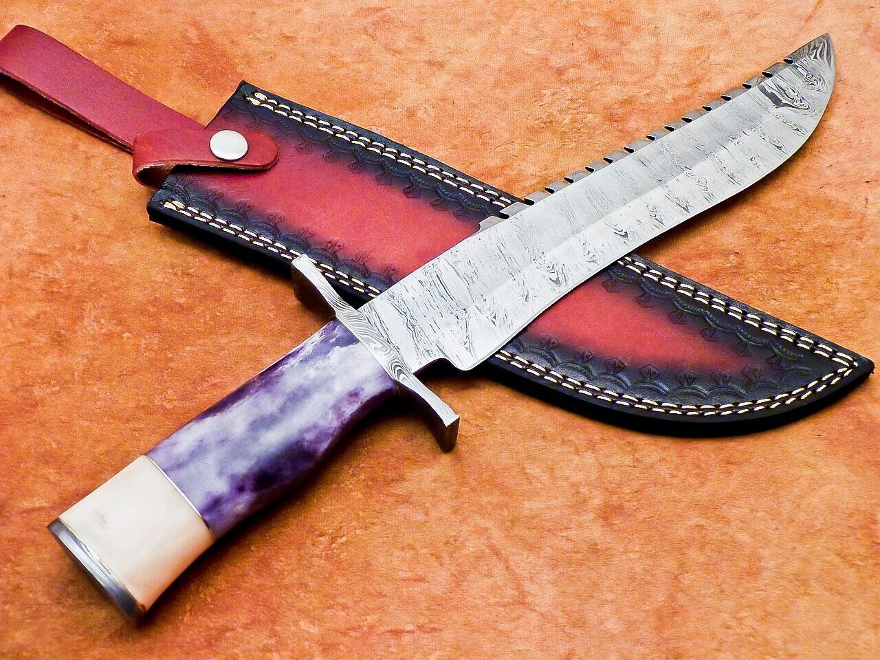 16 Inch Handmade Damascus Steel Bowie Hunting Knife with Camel Bone Handle and Resin by Heritage Forge