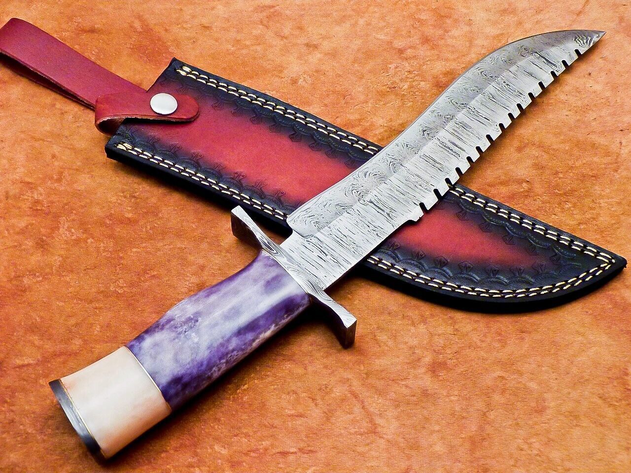 16 Inch Handmade Damascus Steel Bowie Hunting Knife with Camel Bone Handle and Resin by Heritage Forge