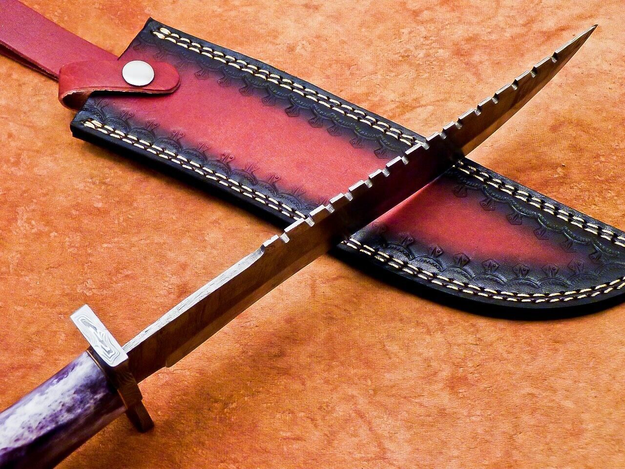 16 Inch Handmade Damascus Steel Bowie Hunting Knife with Camel Bone Handle and Resin by Heritage Forge