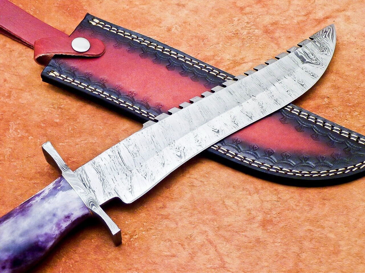 16 Inch Handmade Damascus Steel Bowie Hunting Knife with Camel Bone Handle and Resin by Heritage Forge