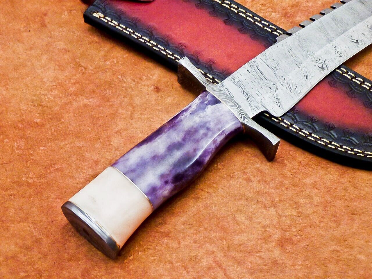 16 Inch Handmade Damascus Steel Bowie Hunting Knife with Camel Bone Handle and Resin by Heritage Forge