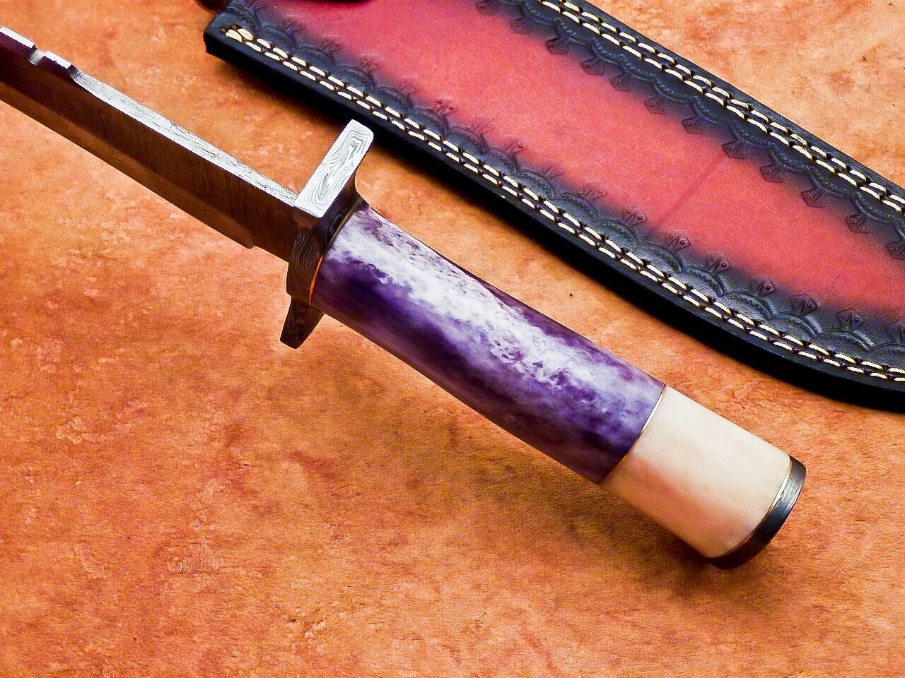 16 Inch Handmade Damascus Steel Bowie Hunting Knife with Camel Bone Handle and Resin by Heritage Forge