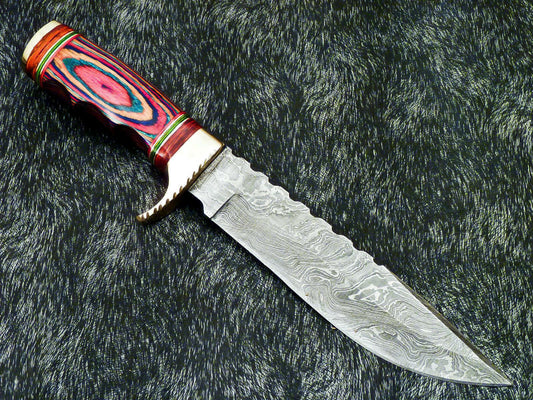 Authentic Hand Forged Damascus 12" Bowie Hunting Knife – Hard Wood Handle