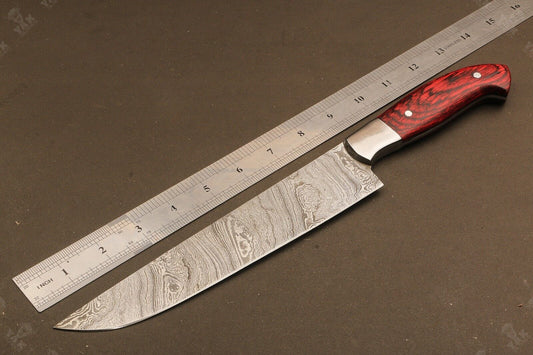 14" Hand Forged Ladder Damascus Steel Santoku Chef Knife – Camel Bone & Wood Handle