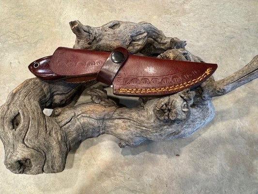 7.75" Damascus Steel Hunter/Skinner Knife with Rosewood Handle & Leather Sheath