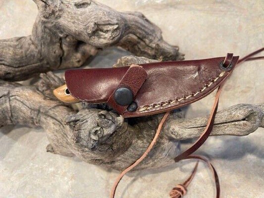 5" Small Skinner Knife – Damascus Steel Blade with Blonde Wood Handle & Leather Sheath