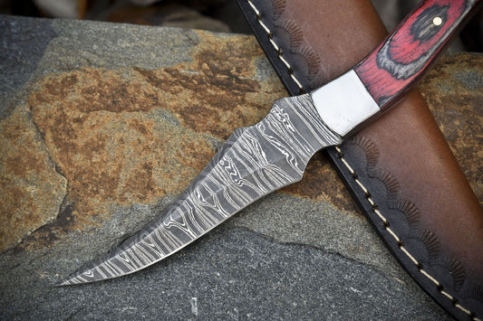 Hand Forged Damascus Skinner Knife Twist Pattern Hard Wood Outdoor Tool