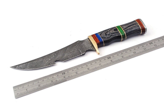 12" Custom Handmade Damascus Steel Bowie Hunting Knife with Brass Work & Leather Sheath