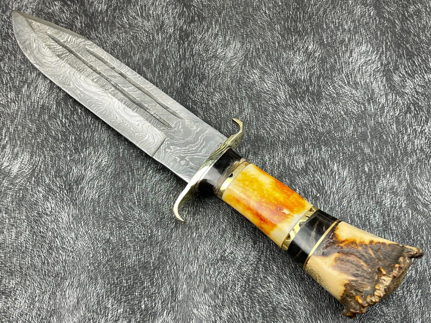Heritage Forge 14 Inch Damascus Steel Hunting Survival Knife with Camel Bone and Horn Handle