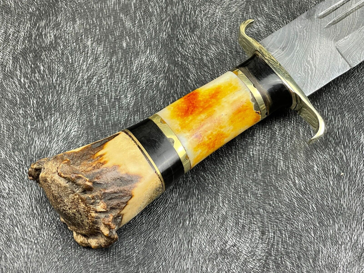 Heritage Forge 14 Inch Damascus Steel Hunting Survival Knife with Camel Bone and Horn Handle
