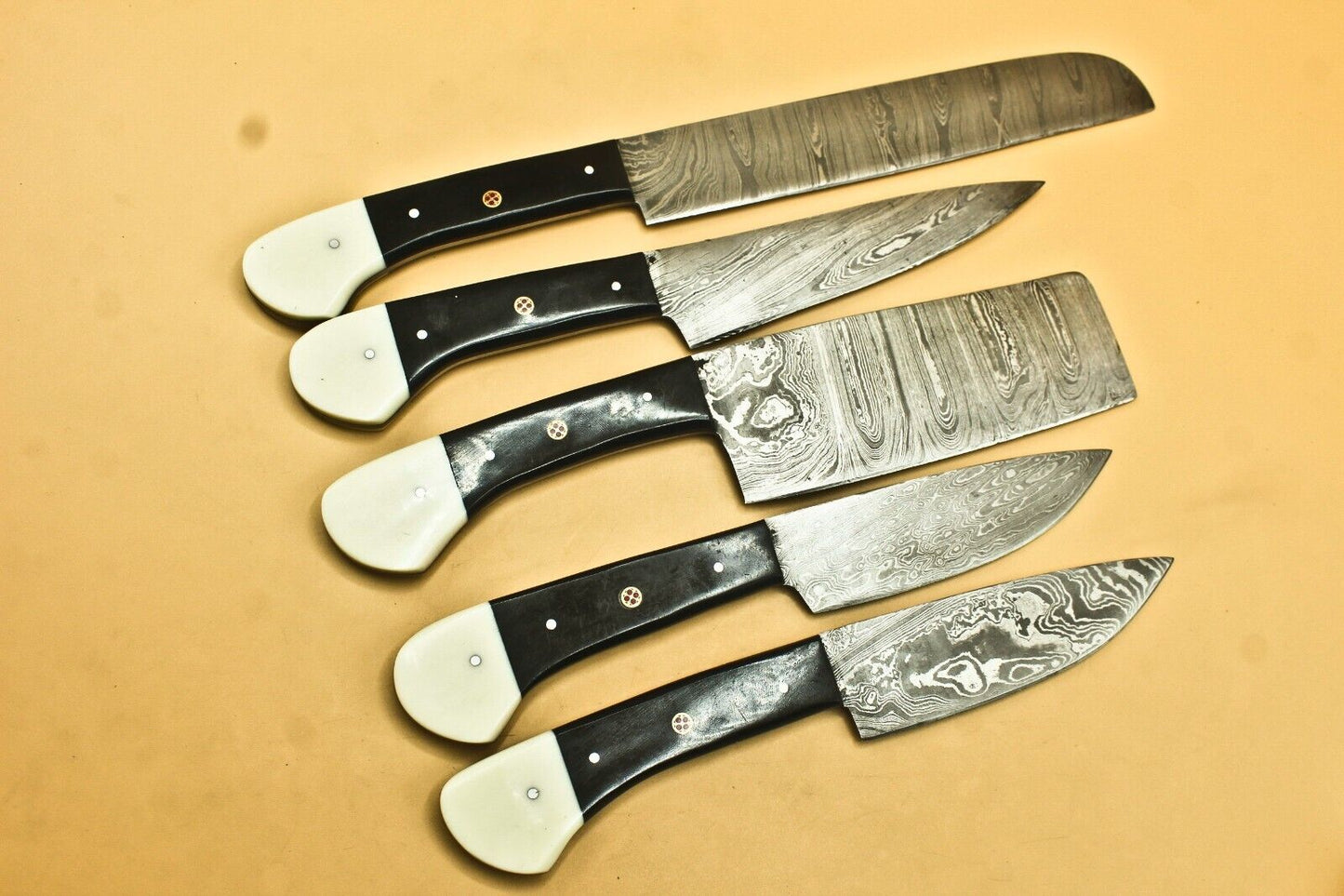 Custom Handmade Damascus Chef Set of 5 Chef Knife Kitchen With Leather Sheath