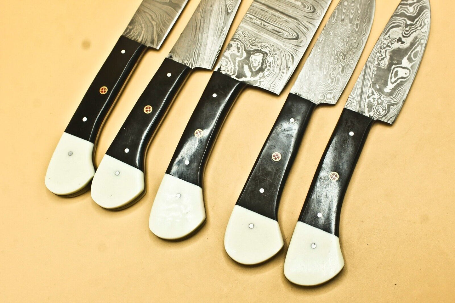 Custom Handmade Damascus Chef Set of 5 Chef Knife Kitchen With Leather Sheath