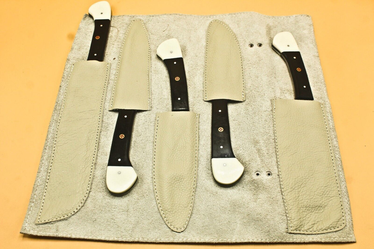 Custom Handmade Damascus Chef Set of 5 Chef Knife Kitchen With Leather Sheath