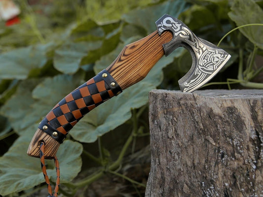 16″ Viking Axe Hatchet – Hand-Forged Carbon Steel Blade with Rosewood Handle & Leather Sheath
