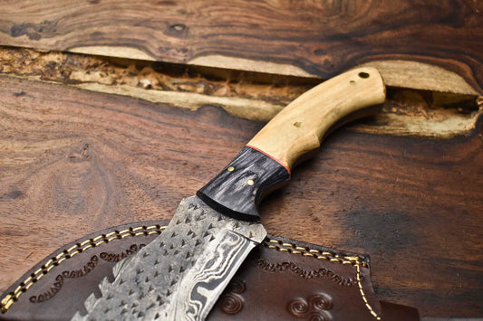 Rare Handmade Damascus Tracker Knife – Full Tang Camping, Hunting & Survival Knife with Leather Sheath