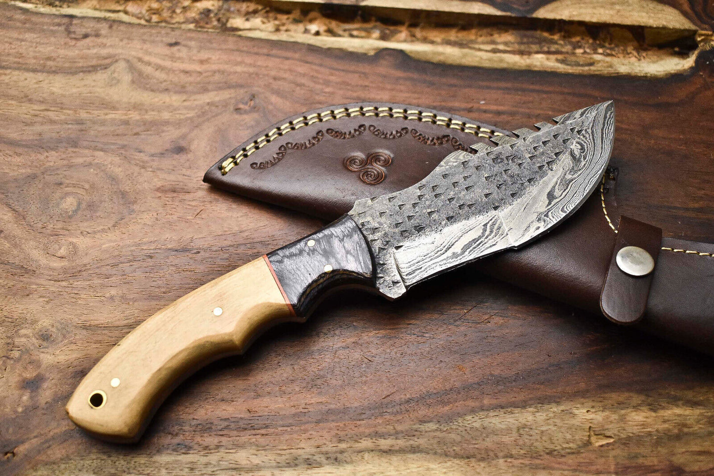 Rare Handmade Damascus Tracker Knife – Full Tang Camping, Hunting & Survival Knife with Leather Sheath