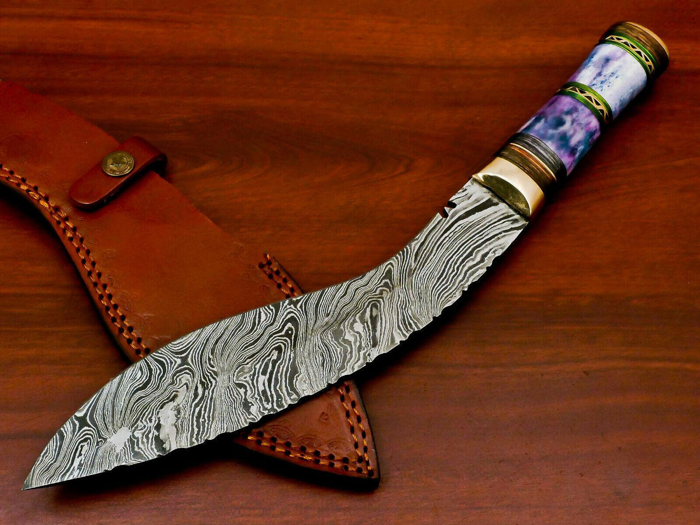 Handmade Damascus Steel Khukri Bowie Knife | Stained Camel Bone & Hardwood Handle