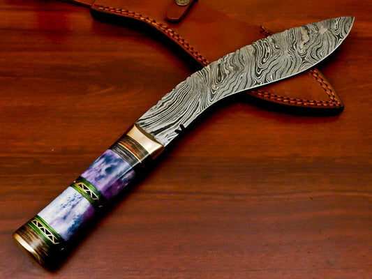 Handmade Damascus Steel Khukri Bowie Knife | Stained Camel Bone & Hardwood Handle