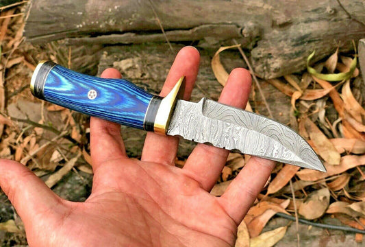 8" Custom Damascus Steel Bowie Hunting Knife – Blue Wood Handle & Brass Guard