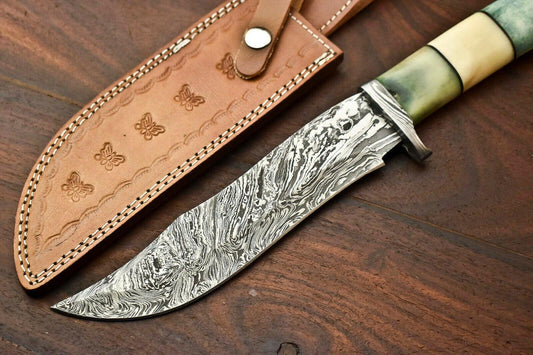 13" Damascus Bowie Knife – Camel Bone Handle & Leather Sheath