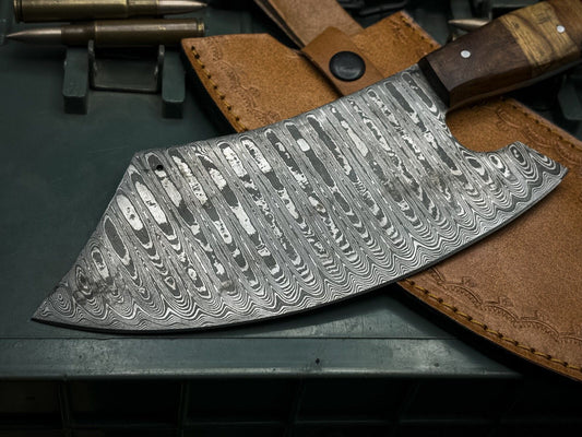 Handmade Damascus Steel Hunting Chef Cleaver Knife with Wood Handle & Leather Sheath